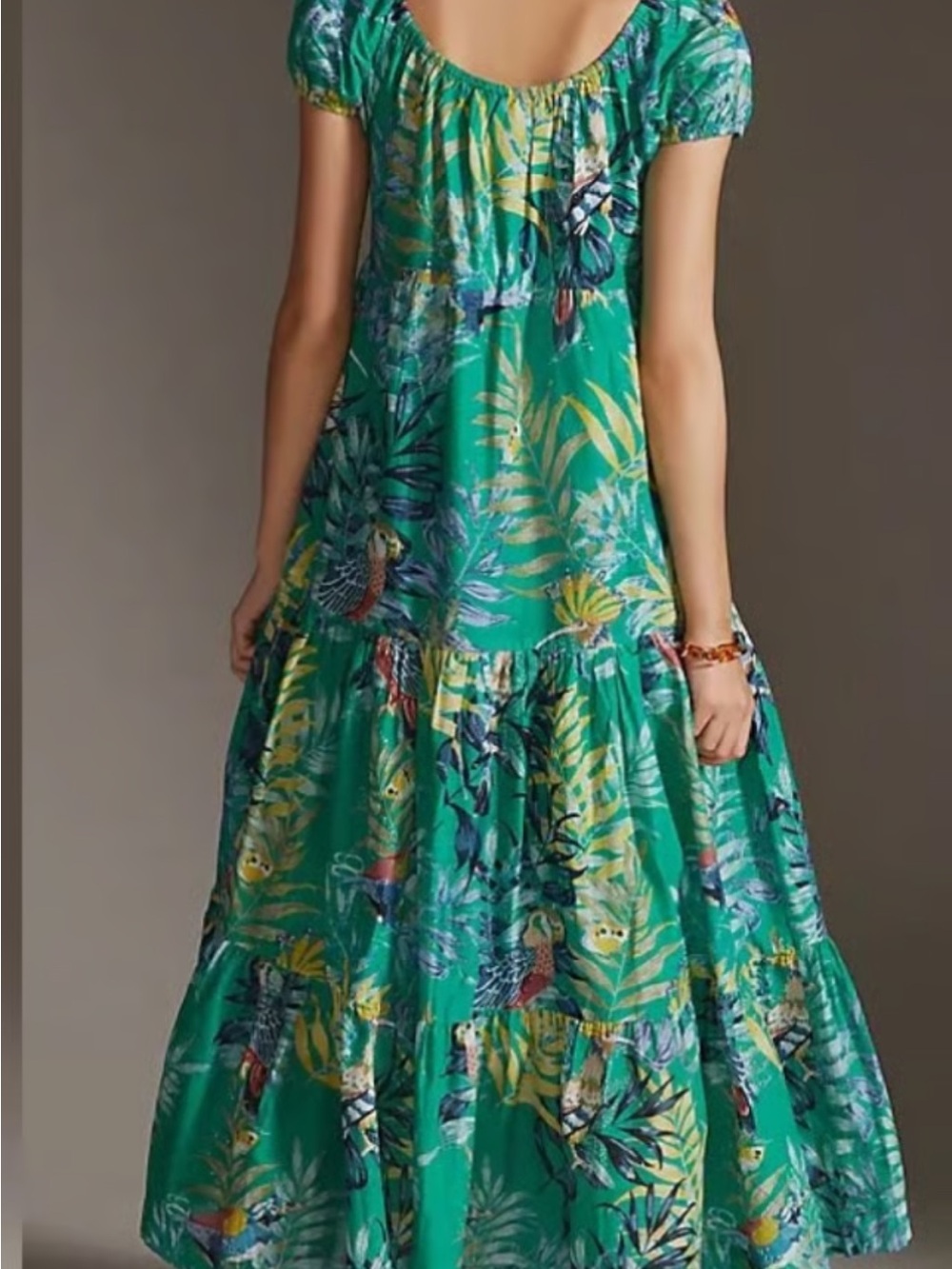 Anthropologie Maeve Sz Med Green Tropical Maxi Dress with Puff Sleeves - Picture 12 of 14